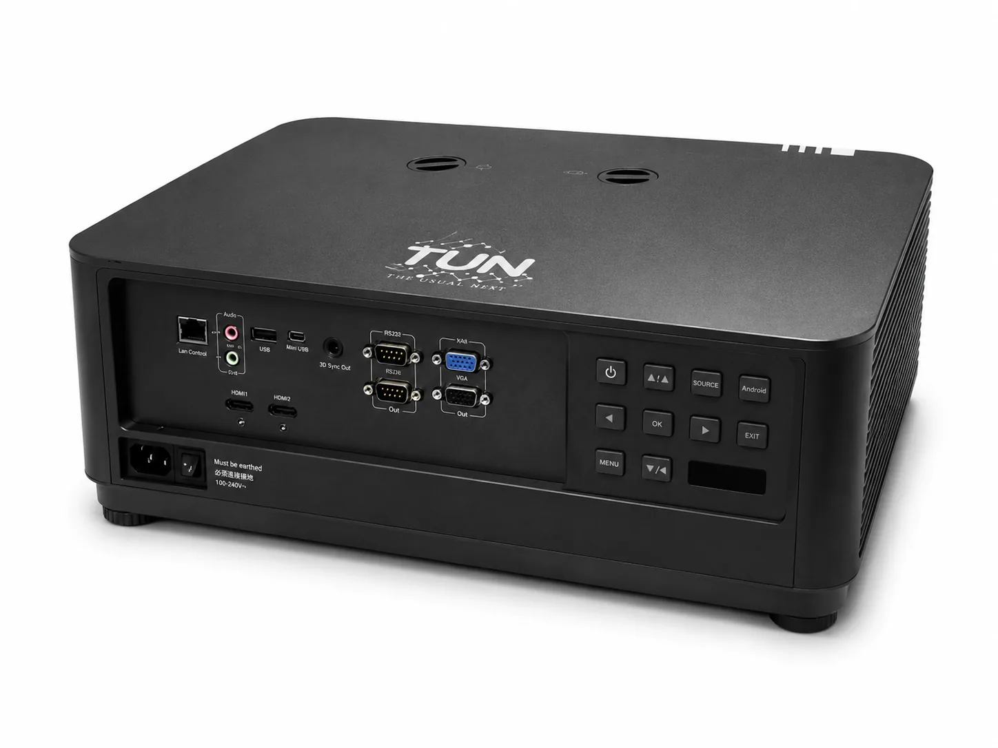 Vista posteriore angolata delle connessioni del videoproiettore laser da 7.500 ANSI lumen.